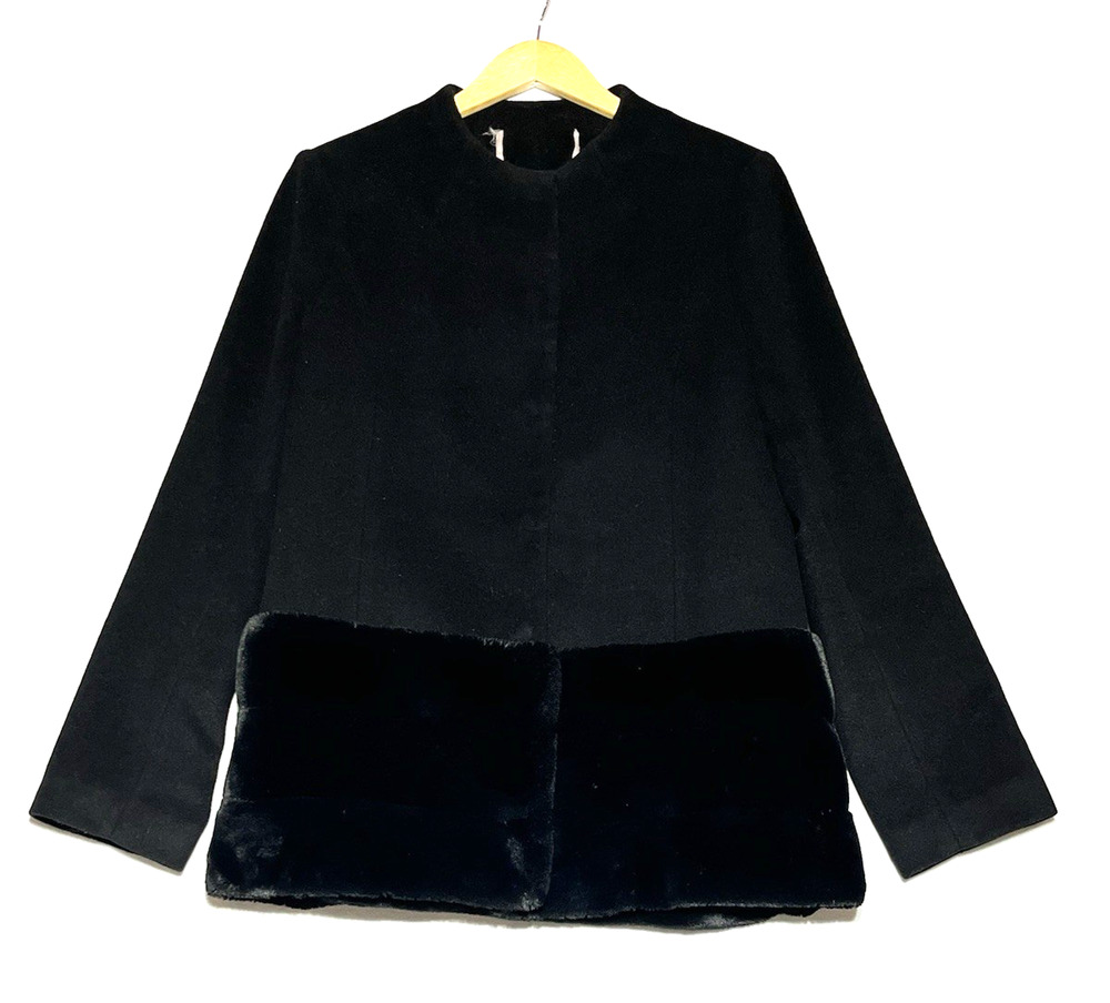 Gal Meets Glam Wool Blend Fur Trim Coat Womens Large Black Collarless Feminine